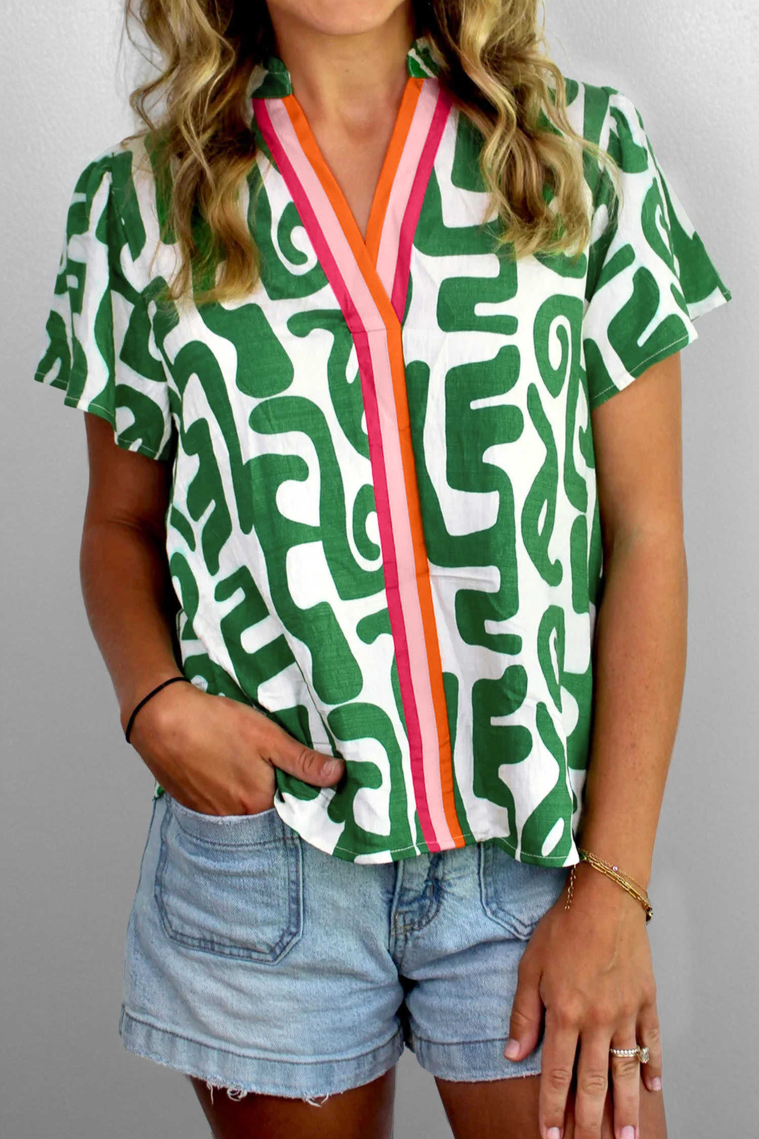 Green Abstract Print Striped Trim V Neck Short Sleeve Blouse