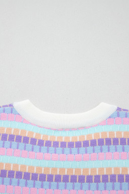 Purple Abstract Striped Knit Short Sleeve Sweater
