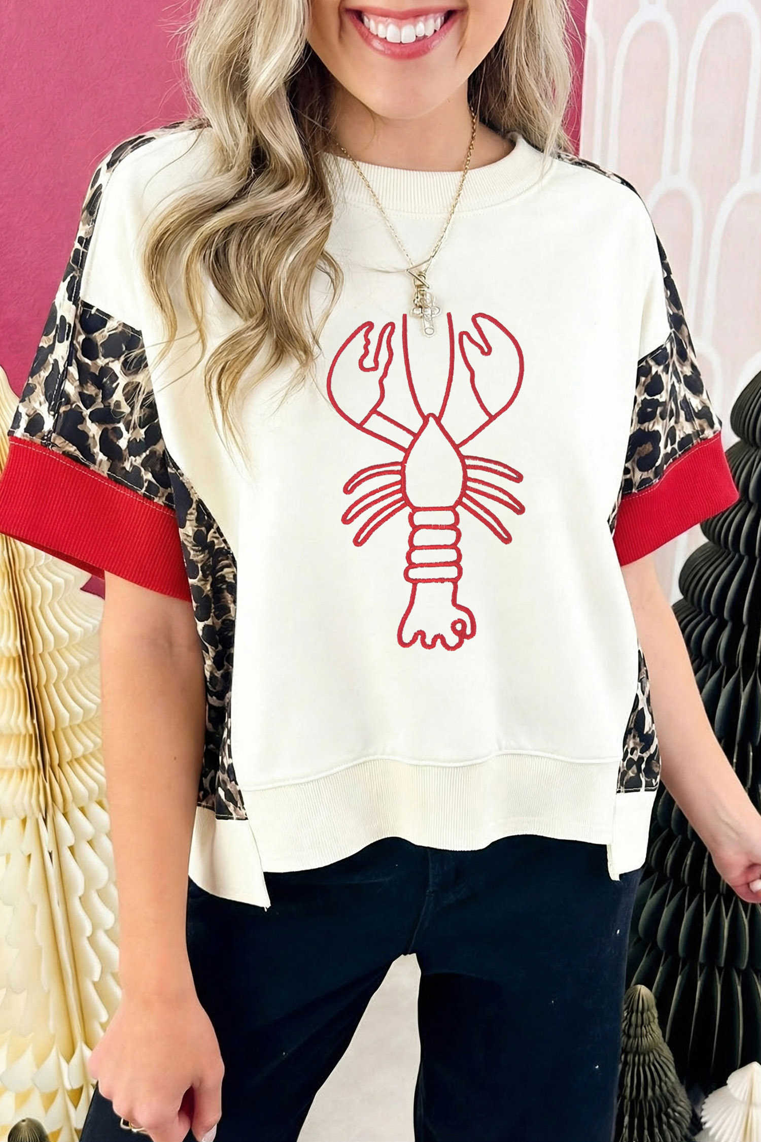 Beige Lobster Embroidery Leopard Print Colorblock Top