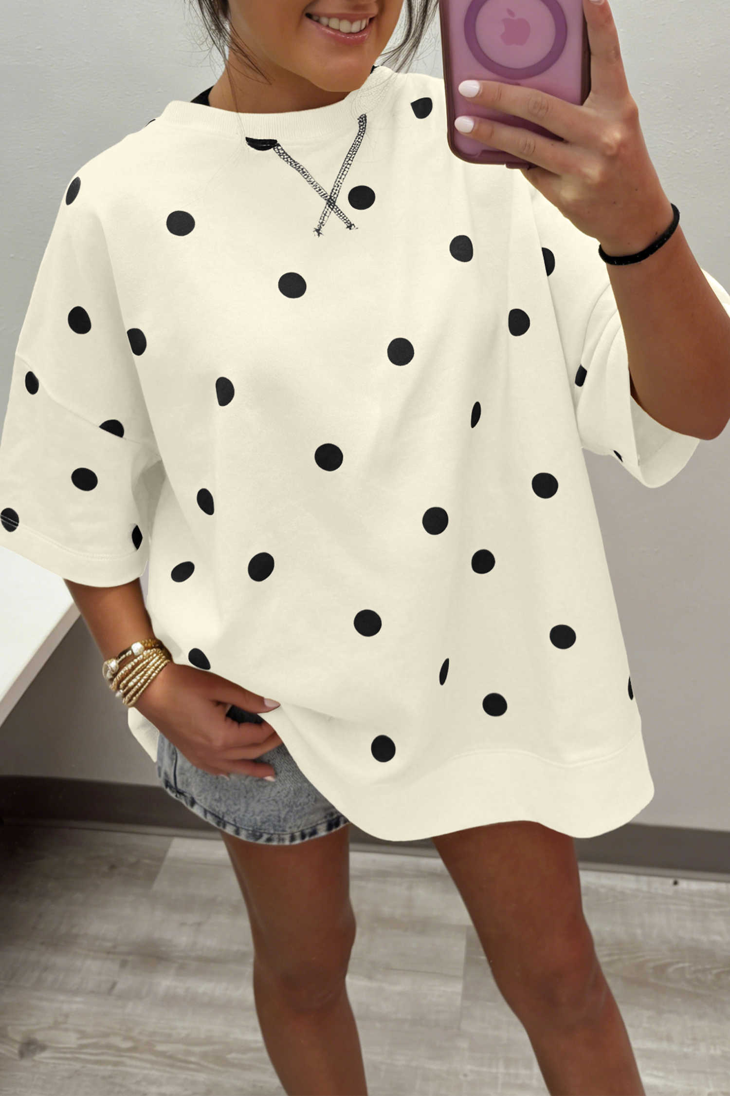 Beige Polka Dot Print Crossed Seam Detail Oversize Tee
