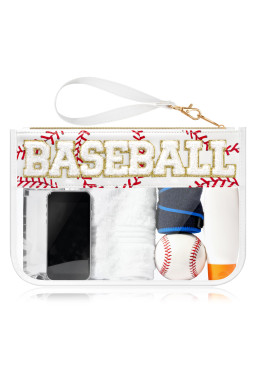 White BASEBALL Chenille Letter Patch Game Day Stadium Clear PVC Cosmetic Bag