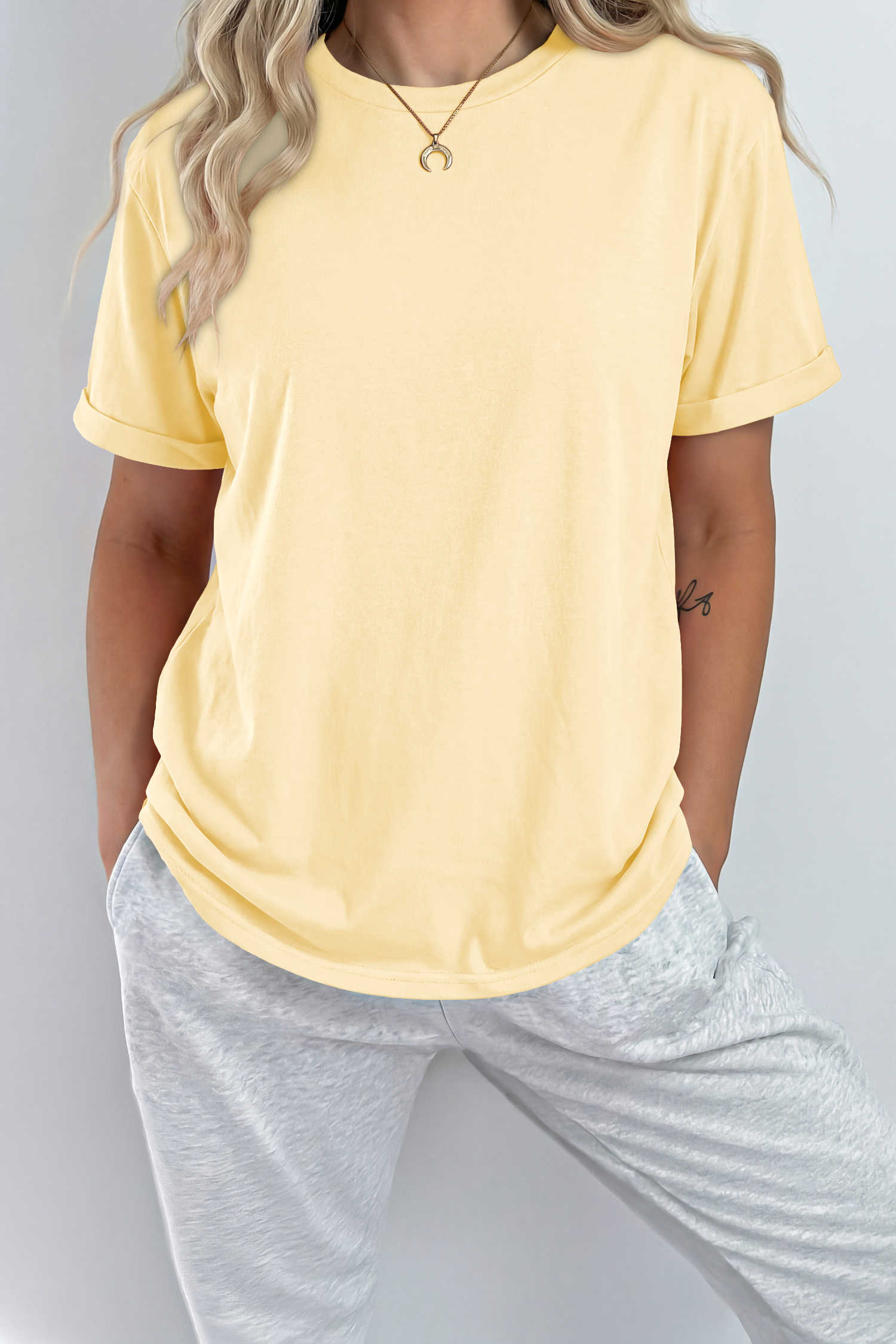 Yellow Cream Casual Plain Crew Neck Tee