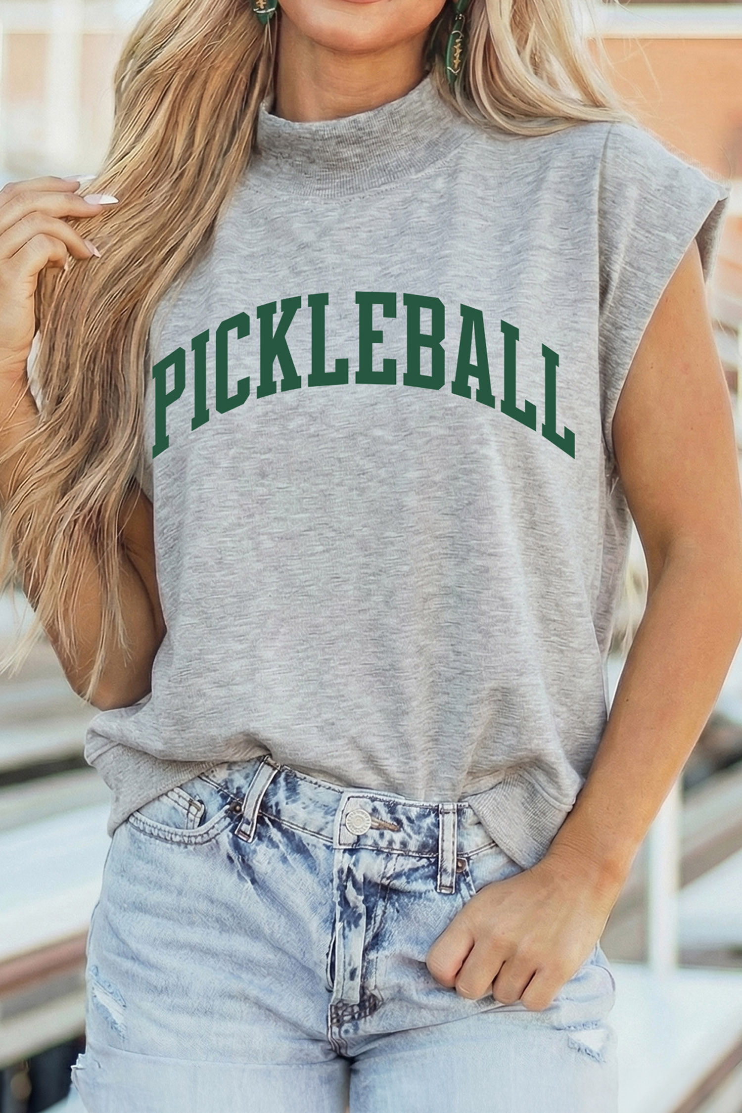 Light Grey PICKLEBALL Lettering Mock Neck Short Sleeve Top