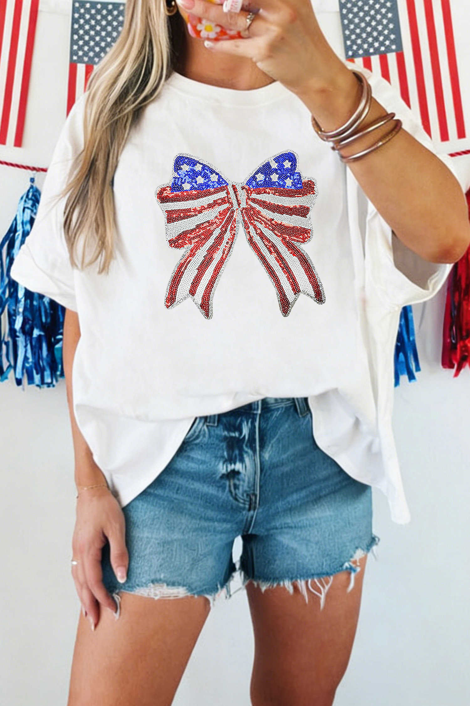 White Patriotic Sequin Bow Graphic Oversized Tee