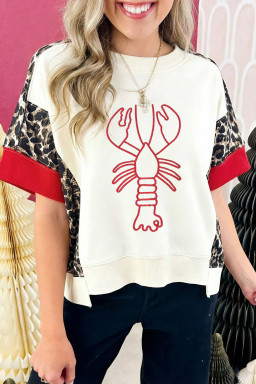 Beige Lobster Embroidery Leopard Print Colorblock Top