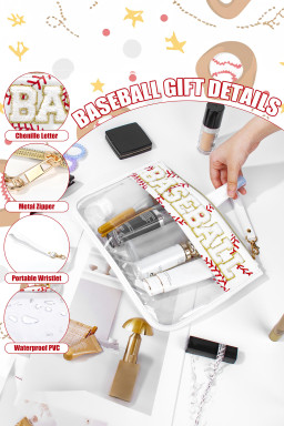 White BASEBALL Chenille Letter Patch Game Day Stadium Clear PVC Cosmetic Bag