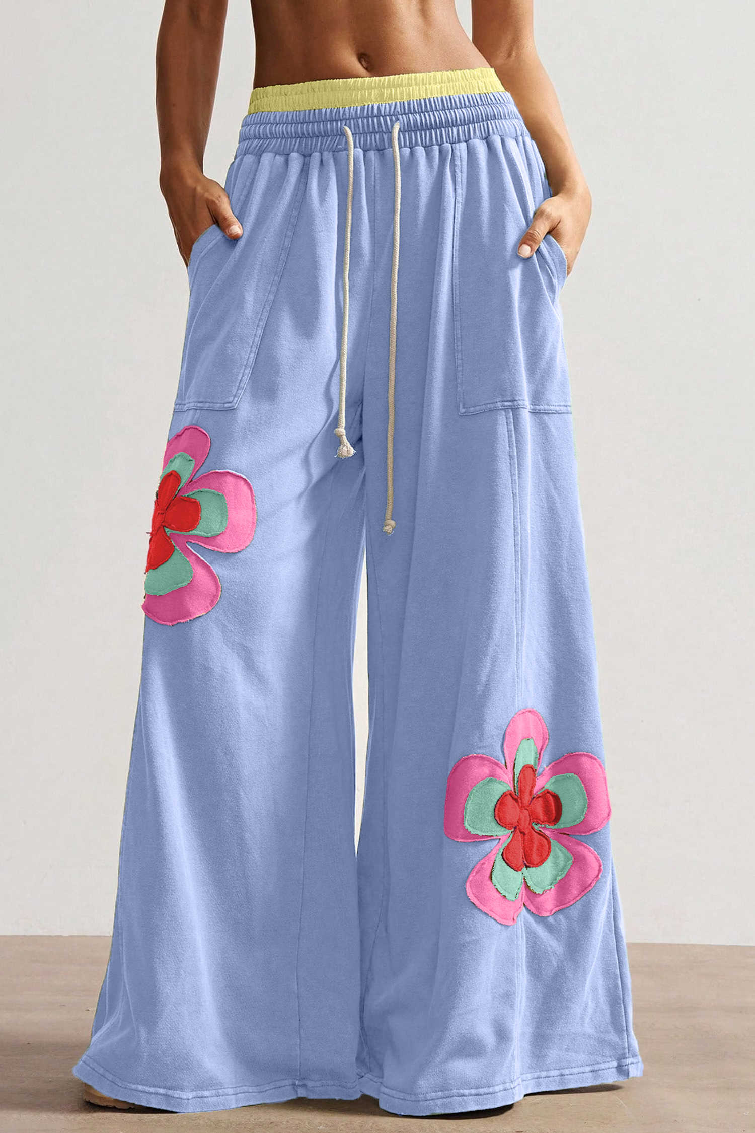 Sky Blue Color Block Flower Patchwork Drawstring Contrasted Elastic Waist Wide Leg Pants