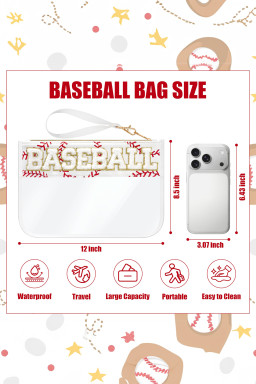 White BASEBALL Chenille Letter Patch Game Day Stadium Clear PVC Cosmetic Bag