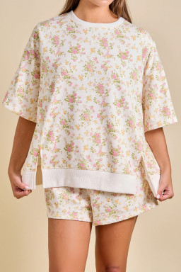 Pink Floral Print Short Sleeve Elastic Waist Pocket Casual Two Piece Short Sets