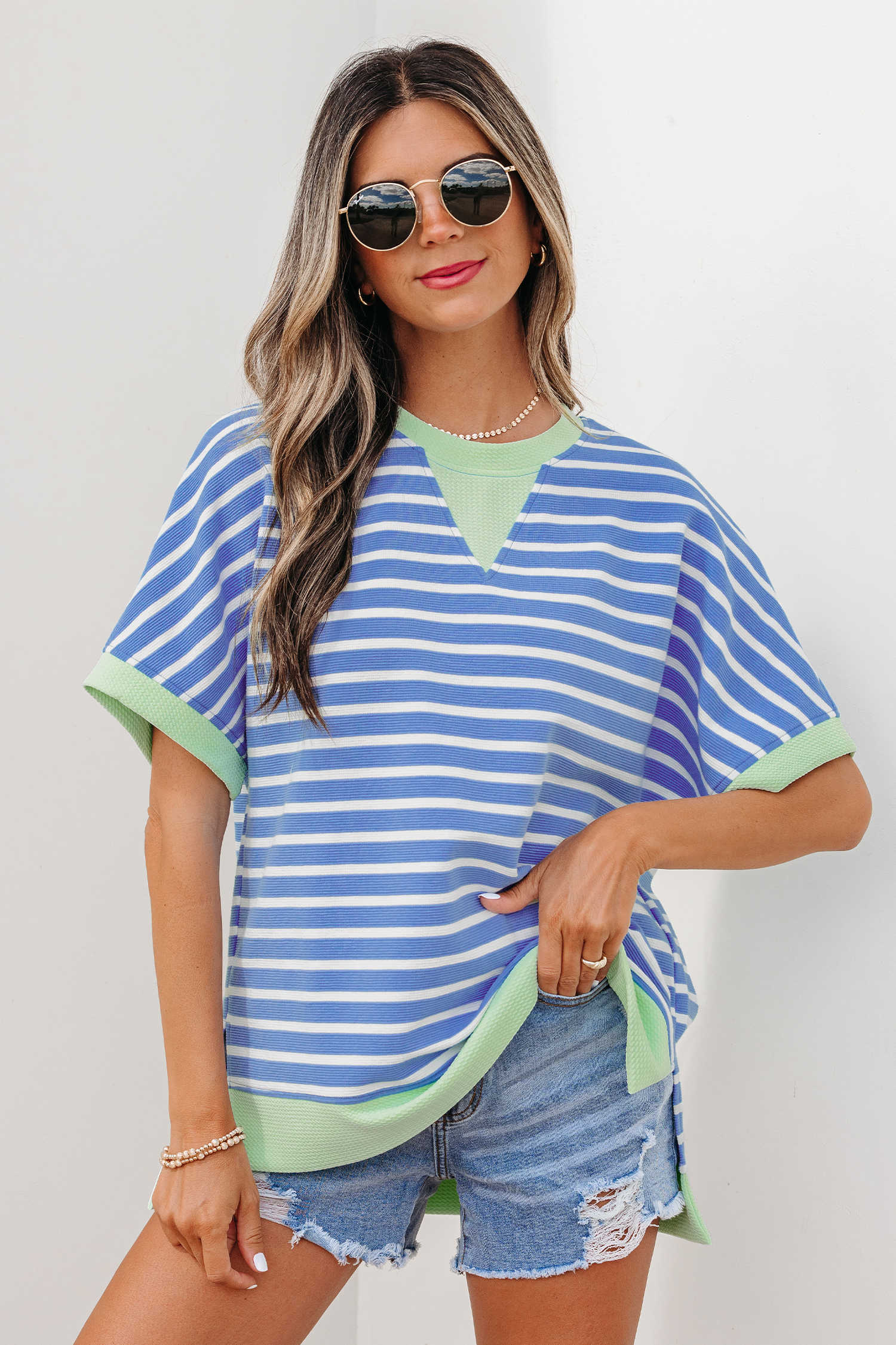 Sky Blue Stripe Contrast Trim Loose Short Sleeve Top