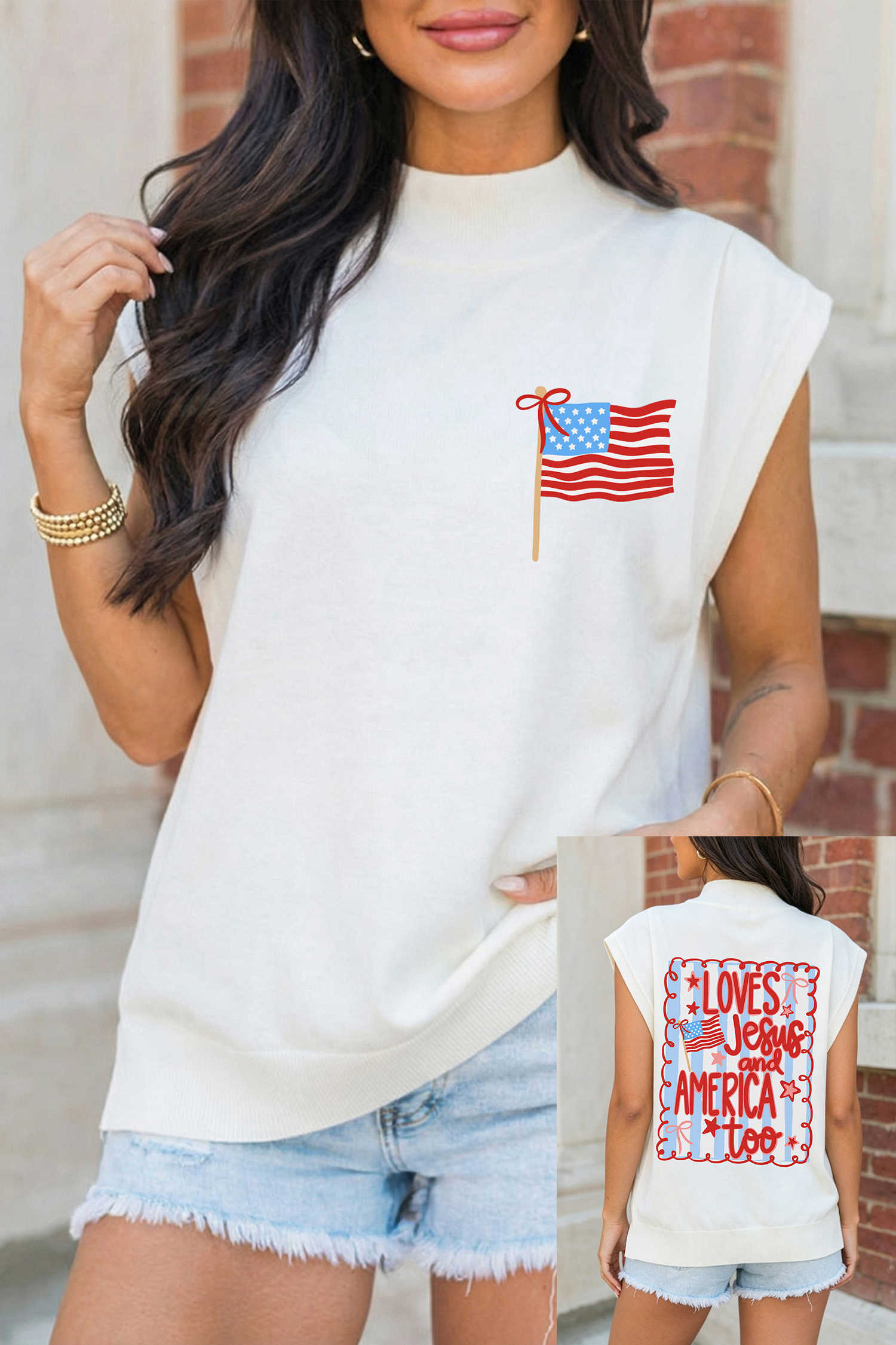 White Patriotic Flag Double Printed Mock Neck Tee