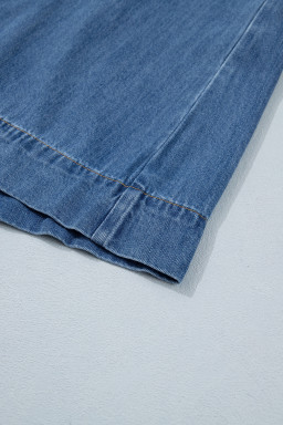 Prussian Blue Button Square Neck Short Puff Sleeve Denim Mini Dress