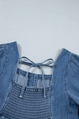 Prussian Blue Button Square Neck Short Puff Sleeve Denim Mini Dress