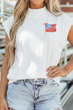 White Patriotic Flag Double Printed Mock Neck Tee