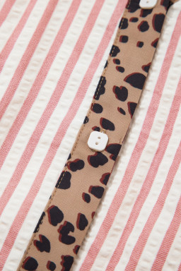 Pink Stripe Square Button Leopard Trim Loose Bracelet Sleeve Shirt Dress