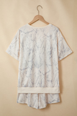 Khaki Abstract Print V Neck Loose Tee Drawstring Shorts 2pcs Outfit