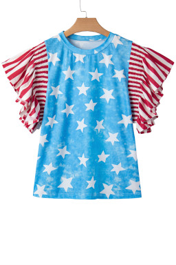 Sky Blue Vintage Star Print Striped Ruffle Sleeve Independence Day Top
