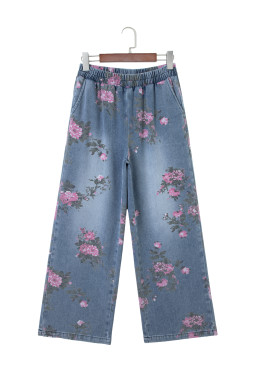 Beau Blue Floral Print Elastic Waist Pull On Casual Jeans
