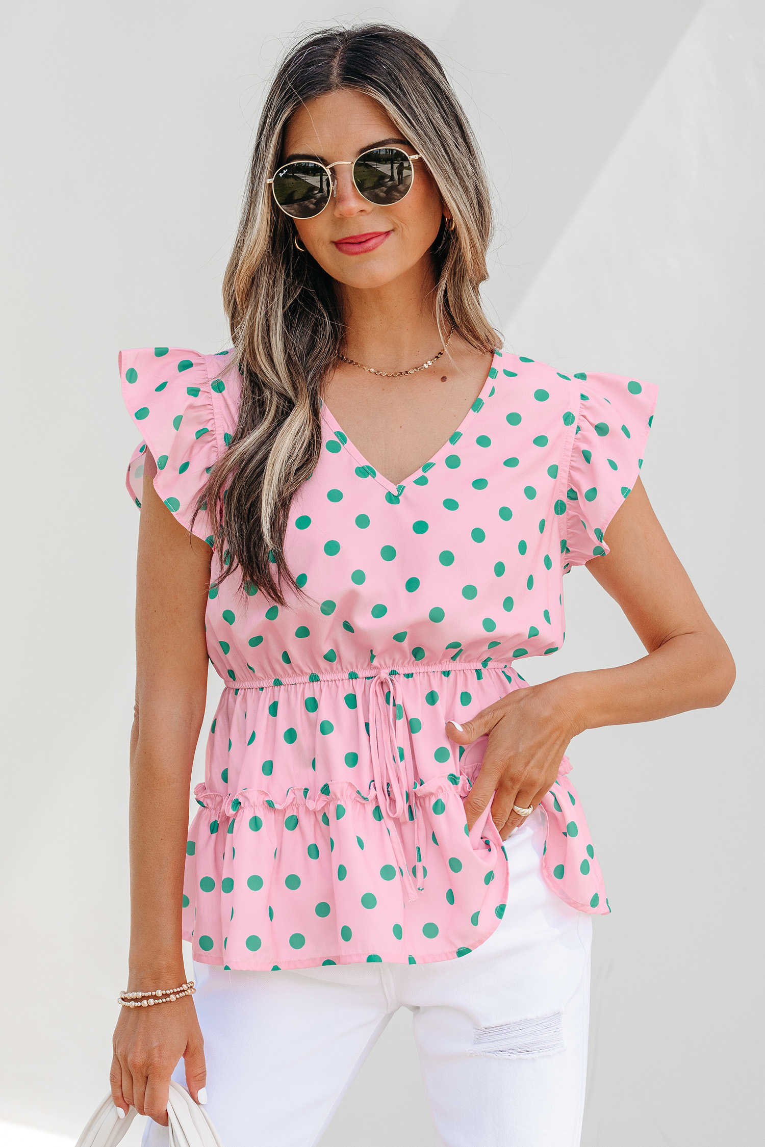 Pink V Neck Polka Dot Print Drawstring Tiered Babydoll Blouse