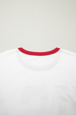 White USA Letter Printed Varsity Striped Sleeve Round Neck Tee