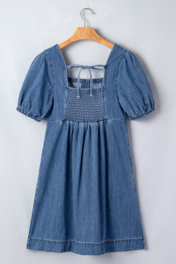 Prussian Blue Button Square Neck Short Puff Sleeve Denim Mini Dress