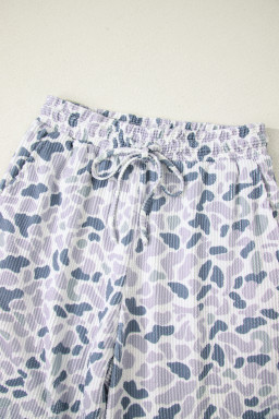 Beige Camouflage Print Twisted Rib Loose Tee Drawstring Pants Set