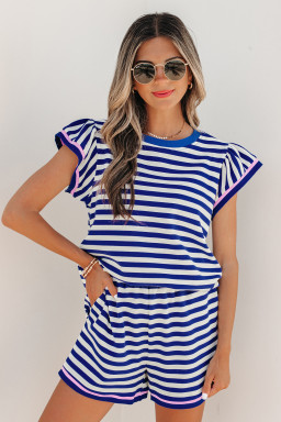 Blue Stripe Contrast Trim Cap Sleeve Top Casual Shorts 2pcs Set