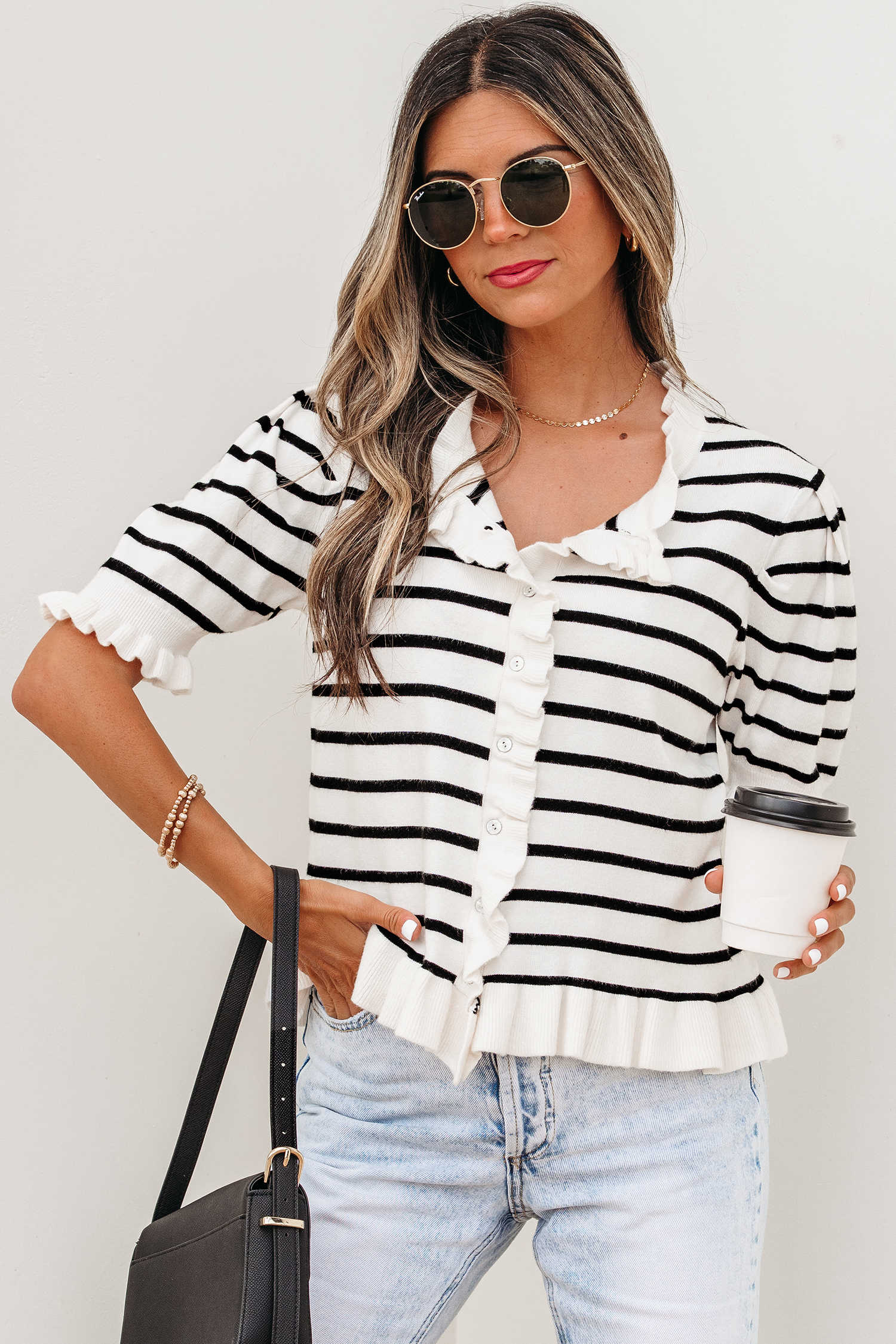 Beige Stripe Ruffle Trim Button Down Knit Short Sleeve Sweater Cardigan
