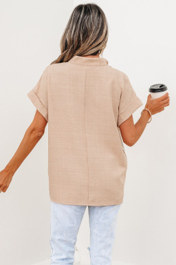 Parchment Crochet Lace Accent Pullover Rolled Short Sleeve Blouse