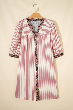 Pink Stripe Square Button Leopard Trim Loose Bracelet Sleeve Shirt Dress
