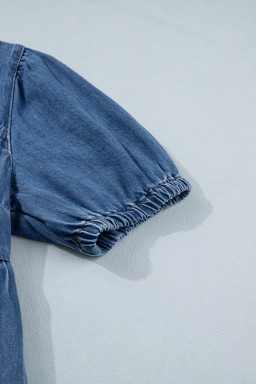 Prussian Blue Button Square Neck Short Puff Sleeve Denim Mini Dress