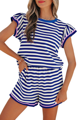 Blue Stripe Contrast Trim Cap Sleeve Top Casual Shorts 2pcs Set