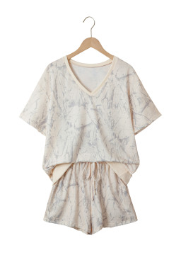 Khaki Abstract Print V Neck Loose Tee Drawstring Shorts 2pcs Outfit