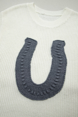 White Crochet Horseshoe Short Sleeve Knit Sweater