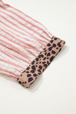 Pink Stripe Square Button Leopard Trim Loose Bracelet Sleeve Shirt Dress