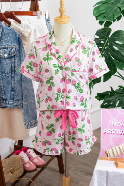 Pink Striped Strawberry Print Lapel Shirt Drawstring Shorts 2pcs Pajama Set