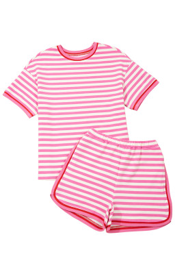 Pink Stripe Contrast Trim Short Sleeve Top Loose Shorts 2pcs Casual Outfit