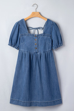 Prussian Blue Button Square Neck Short Puff Sleeve Denim Mini Dress