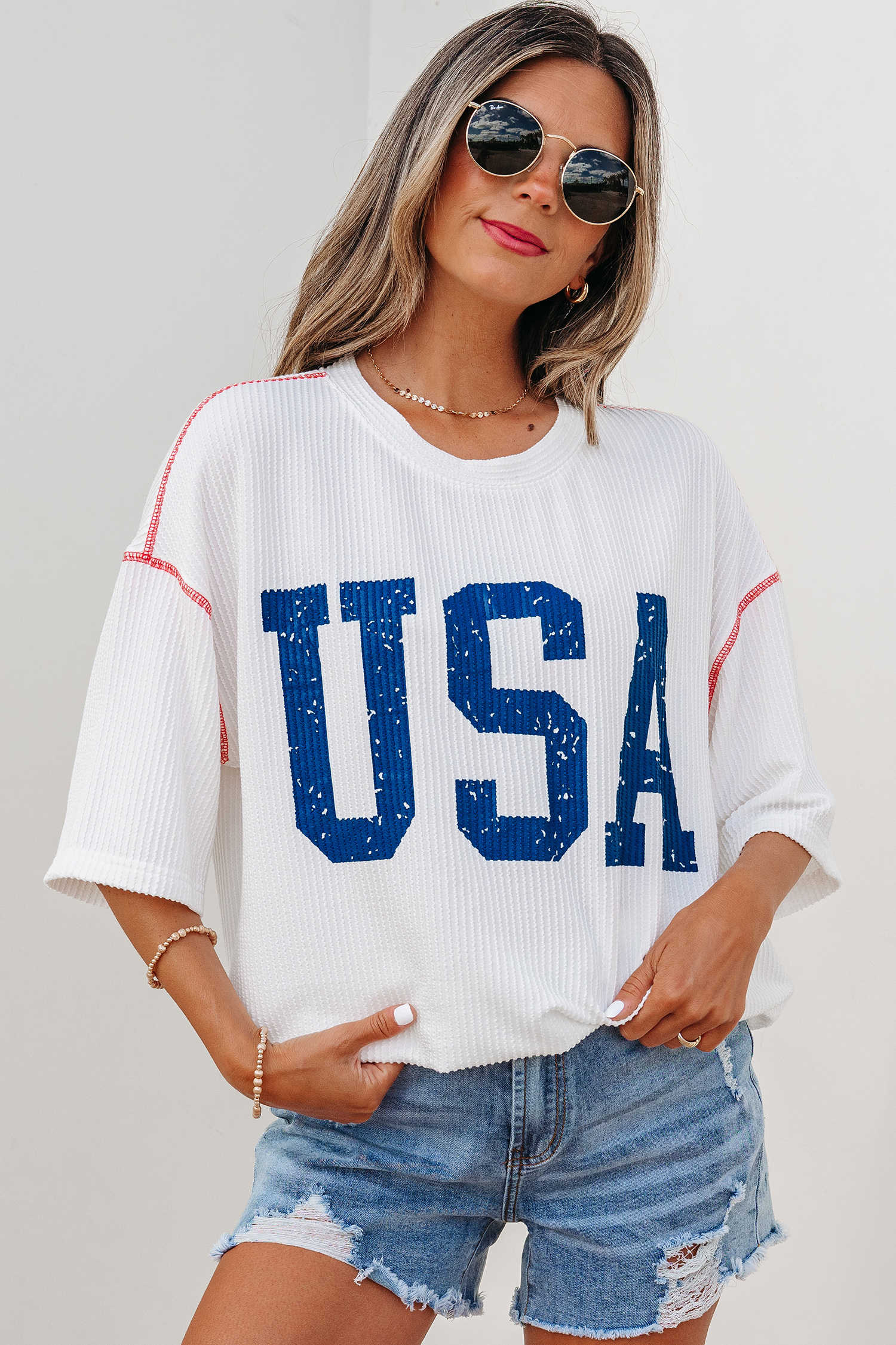 White USA Graphic Half Sleeve Loose Ribbed Top