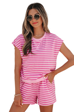 Pink Stripe Cap Sleeve Tee Elastic Waist Shorts 2pcs Outfit