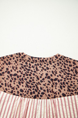 Pink Stripe Square Button Leopard Trim Loose Bracelet Sleeve Shirt Dress