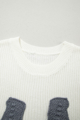 White Crochet Horseshoe Short Sleeve Knit Sweater