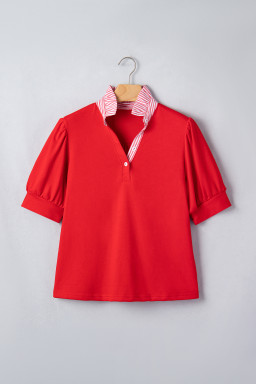 Fiery Red Striped Frilled Collar Short Sleeve Blouse