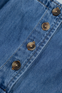 Prussian Blue Button Square Neck Short Puff Sleeve Denim Mini Dress
