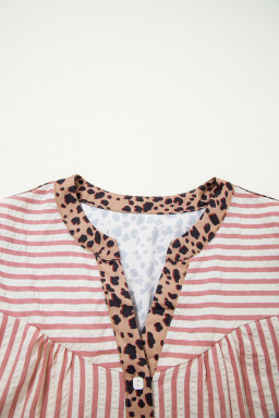 Pink Stripe Square Button Leopard Trim Loose Bracelet Sleeve Shirt Dress