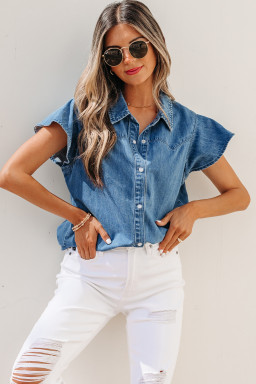 Dusk Blue Ruffled Short Sleeve Denim Shirt