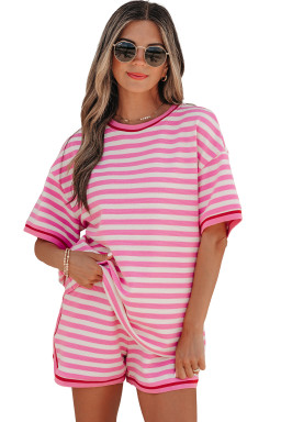 Pink Stripe Contrast Trim Short Sleeve Top Loose Shorts 2pcs Casual Outfit