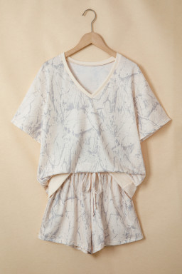 Khaki Abstract Print V Neck Loose Tee Drawstring Shorts 2pcs Outfit