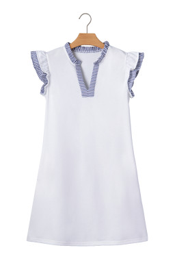 White Contrasted Striped Patchwork Split Neck Ruffle Trim Sleeveless Dress