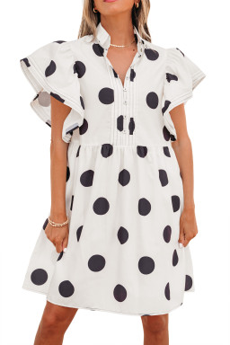 White Polka Dot Print Half Button Ruffled Short Sleeve Loose Mini Dress
